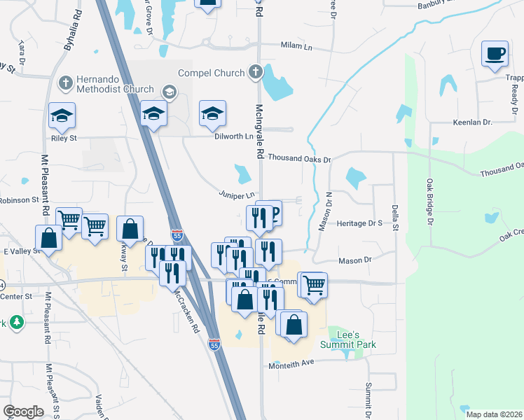 map of restaurants, bars, coffee shops, grocery stores, and more near 805 Dilworth Lane in Hernando
