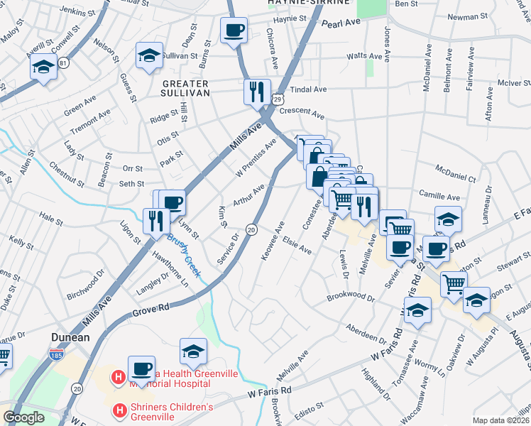 map of restaurants, bars, coffee shops, grocery stores, and more near 221 Grove Road in Greenville