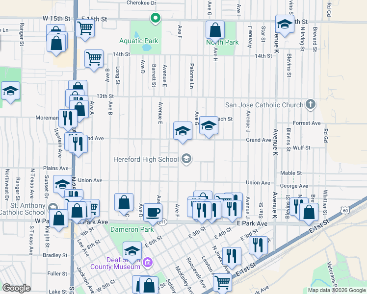 map of restaurants, bars, coffee shops, grocery stores, and more near 200 Avenue F in Hereford