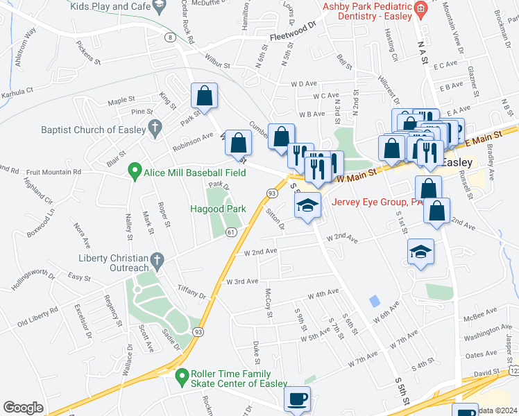 map of restaurants, bars, coffee shops, grocery stores, and more near 210 Old Liberty Road in Easley