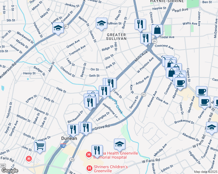 map of restaurants, bars, coffee shops, grocery stores, and more near 400 Mills Avenue in Greenville
