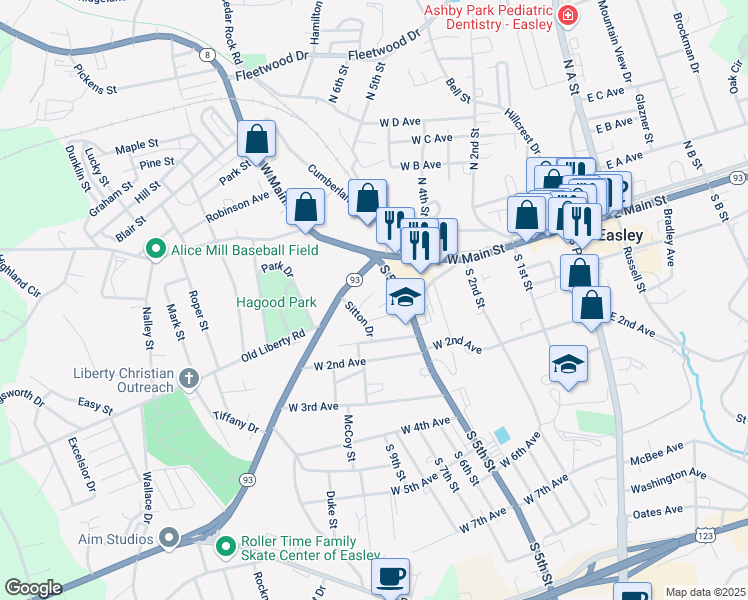 map of restaurants, bars, coffee shops, grocery stores, and more near 100 Sitton Drive in Easley