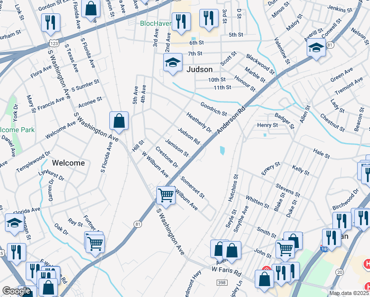 map of restaurants, bars, coffee shops, grocery stores, and more near 10 Jamison Street in Greenville