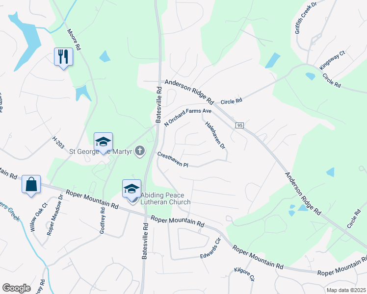 map of restaurants, bars, coffee shops, grocery stores, and more near 6 Shelby Court in Simpsonville