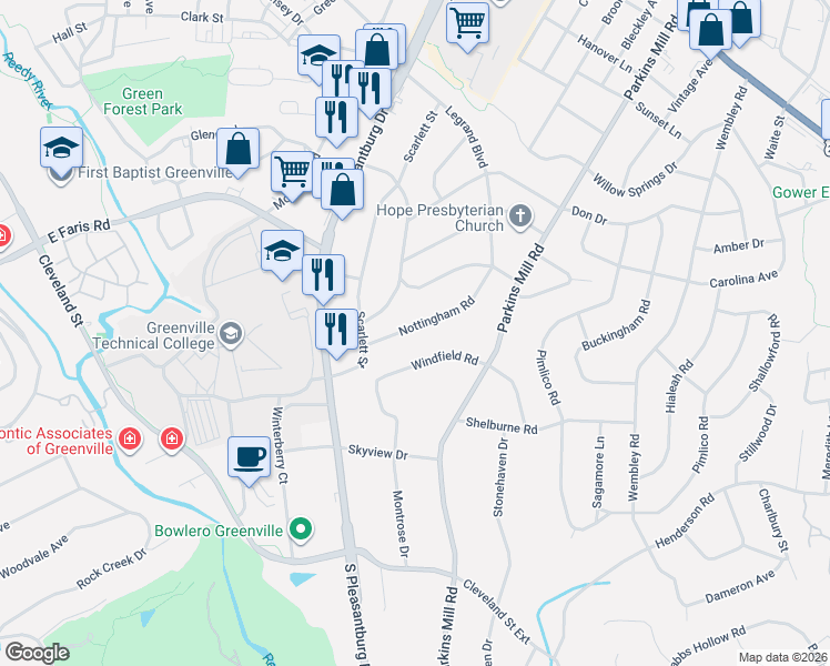 map of restaurants, bars, coffee shops, grocery stores, and more near 59 Windfield Road in Greenville
