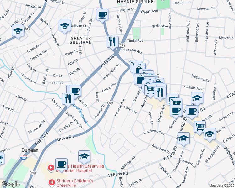 map of restaurants, bars, coffee shops, grocery stores, and more near 221 Grove Road in Greenville