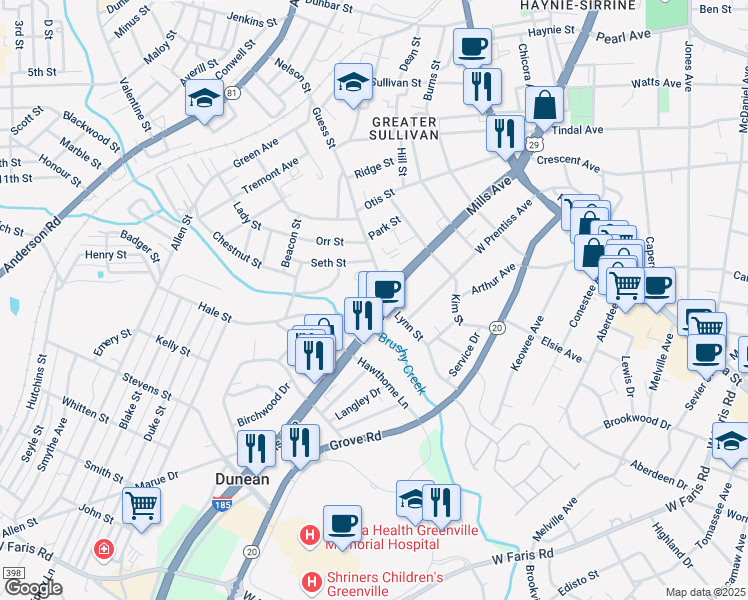 map of restaurants, bars, coffee shops, grocery stores, and more near in Greenville