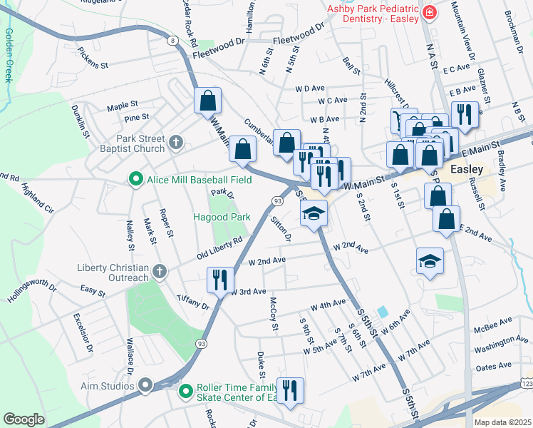 map of restaurants, bars, coffee shops, grocery stores, and more near 210 Old Liberty Road in Easley