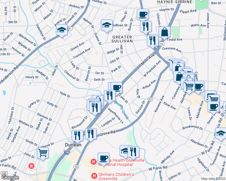 map of restaurants, bars, coffee shops, grocery stores, and more near in Greenville