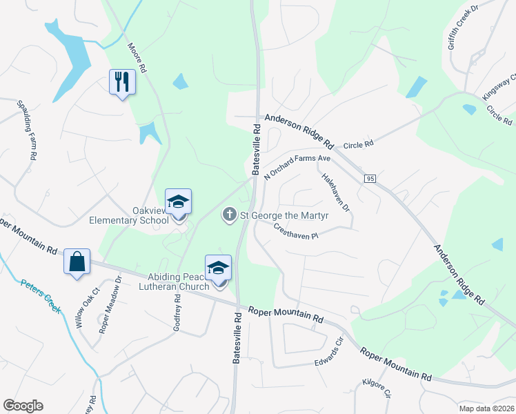map of restaurants, bars, coffee shops, grocery stores, and more near 5 North Orchard Farms Avenue in Simpsonville
