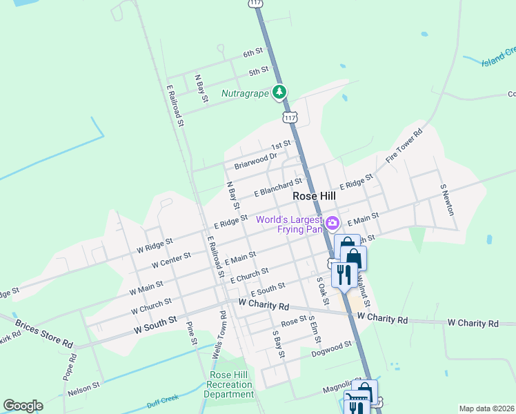 map of restaurants, bars, coffee shops, grocery stores, and more near 208 East Ridge Street in Rose Hill