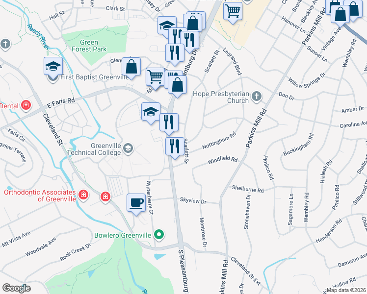 map of restaurants, bars, coffee shops, grocery stores, and more near 543 South Pleasantburg Drive in Greenville
