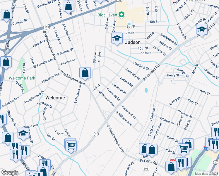 map of restaurants, bars, coffee shops, grocery stores, and more near 21 Crestone Drive in Greenville