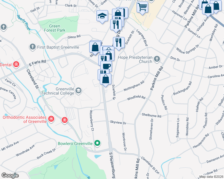 map of restaurants, bars, coffee shops, grocery stores, and more near 543 South Pleasantburg Drive in Greenville