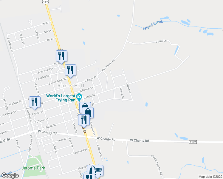 map of restaurants, bars, coffee shops, grocery stores, and more near 917 East Main Street in Rose Hill