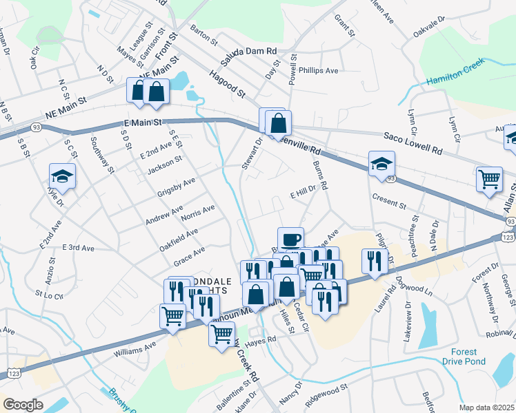 map of restaurants, bars, coffee shops, grocery stores, and more near 101 East Terrace Drive in Easley