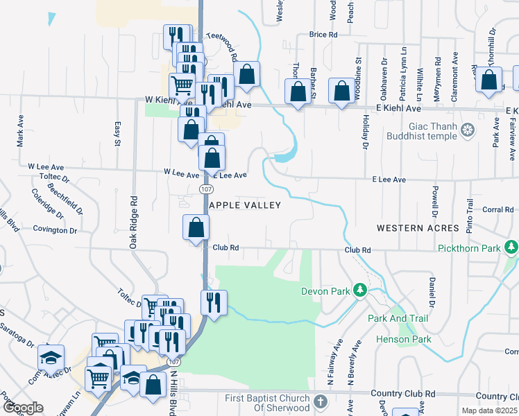 map of restaurants, bars, coffee shops, grocery stores, and more near 330 Apple Valley Drive in Sherwood