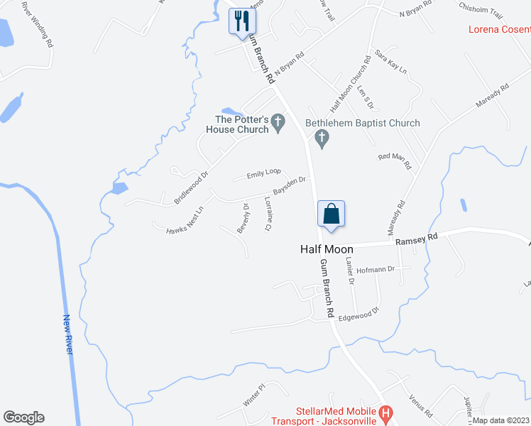 map of restaurants, bars, coffee shops, grocery stores, and more near 206 Lorraine Court in Jacksonville