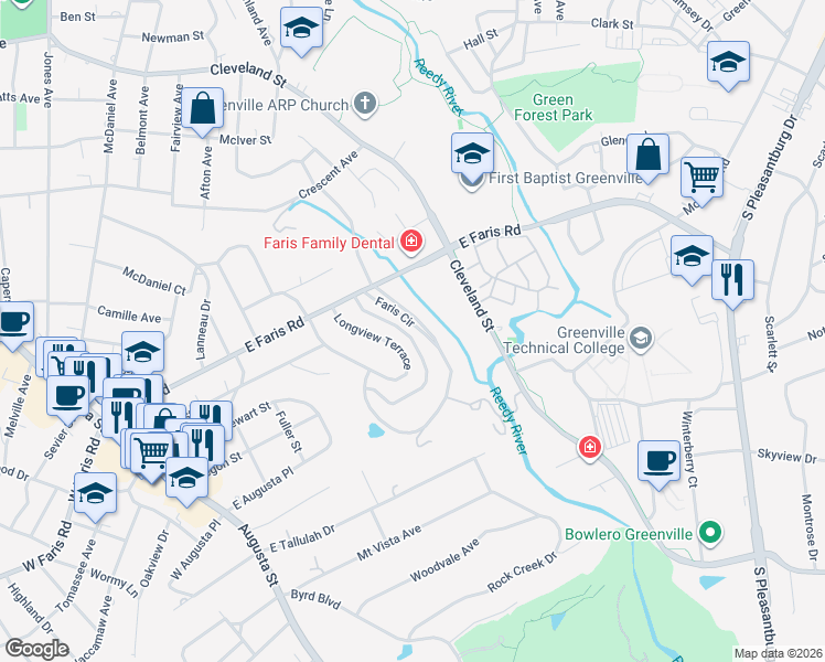 map of restaurants, bars, coffee shops, grocery stores, and more near 2 Faris Circle in Greenville