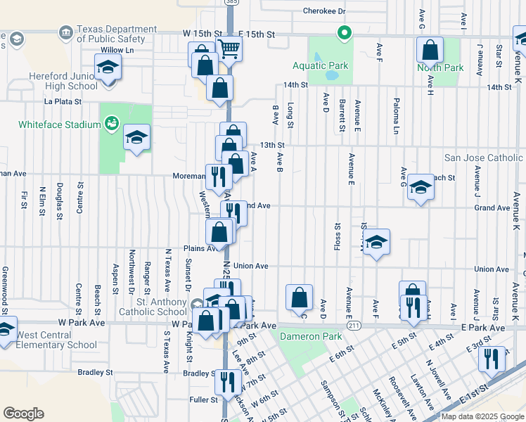 map of restaurants, bars, coffee shops, grocery stores, and more near 300-320 Ave A in Hereford