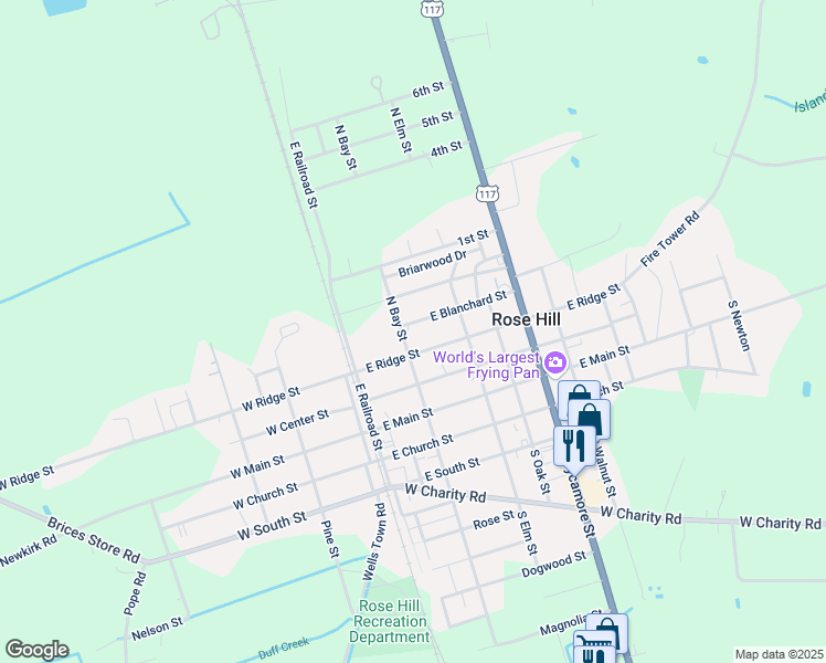 map of restaurants, bars, coffee shops, grocery stores, and more near 314 N Bay St in Rose Hill