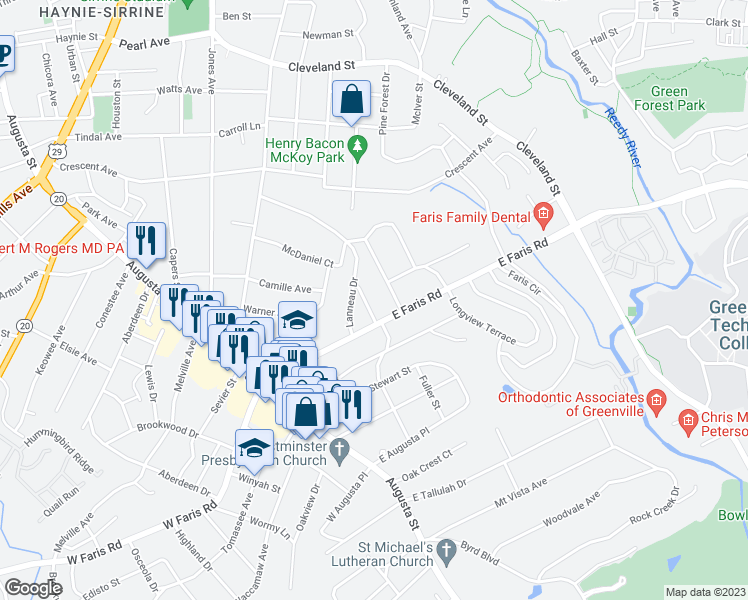map of restaurants, bars, coffee shops, grocery stores, and more near 13 Ottaway Drive in Greenville