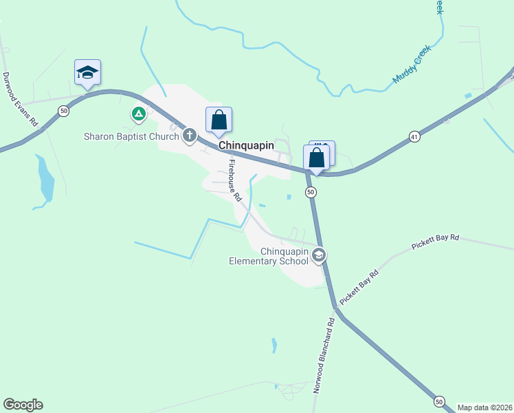 map of restaurants, bars, coffee shops, grocery stores, and more near 143 Firehouse Road in Chinquapin