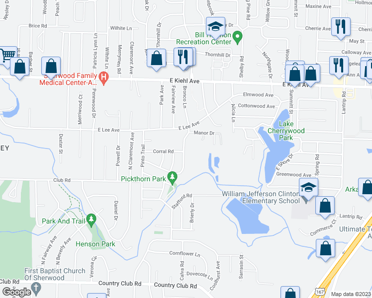 map of restaurants, bars, coffee shops, grocery stores, and more near 8004 Bronco Lane in Sherwood