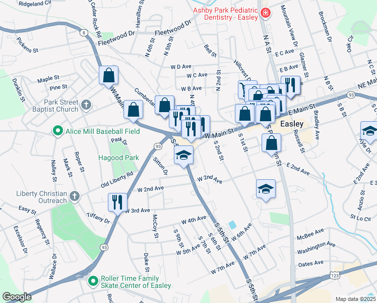 map of restaurants, bars, coffee shops, grocery stores, and more near 105 South 5th Street in Easley