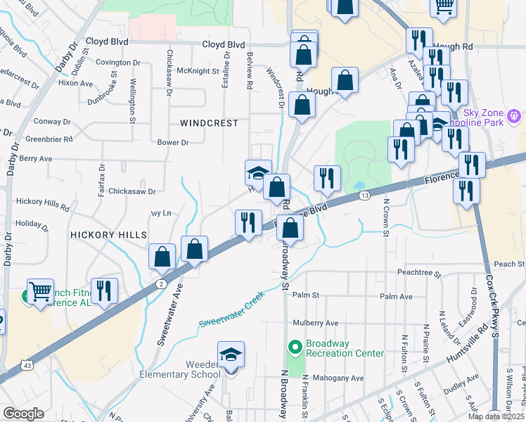 map of restaurants, bars, coffee shops, grocery stores, and more near 2281 Florence Boulevard in Florence