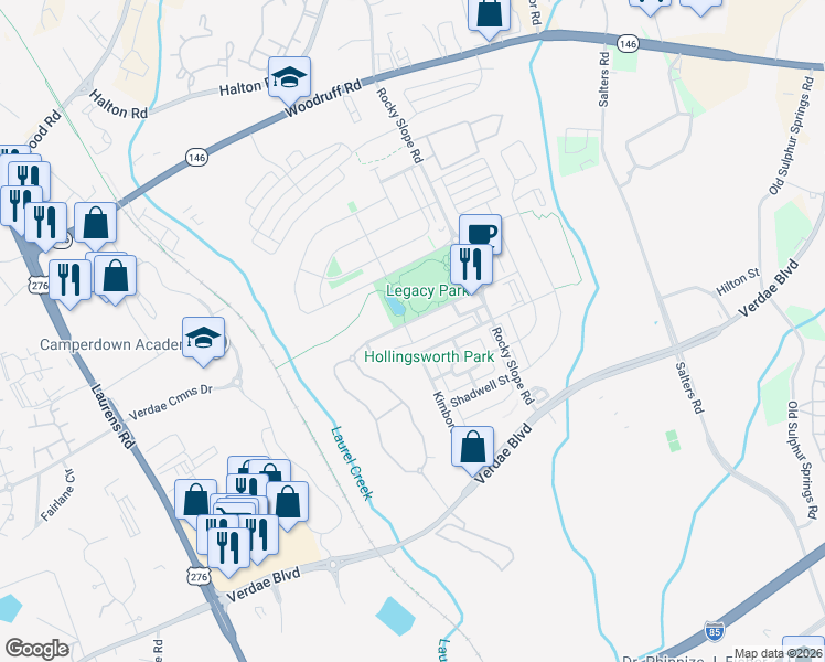 map of restaurants, bars, coffee shops, grocery stores, and more near 7 Legacy Park Road in Greenville