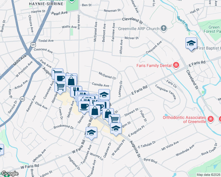 map of restaurants, bars, coffee shops, grocery stores, and more near 237 Camille Avenue in Greenville