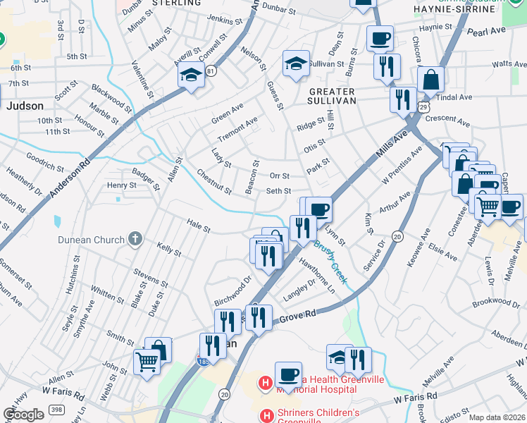map of restaurants, bars, coffee shops, grocery stores, and more near 28 Seth Street in Greenville