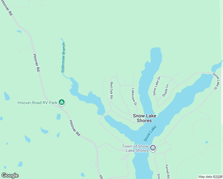 map of restaurants, bars, coffee shops, grocery stores, and more near Red Oak Road in Snow Lake Shores