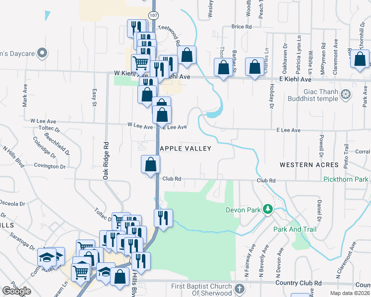 map of restaurants, bars, coffee shops, grocery stores, and more near 211 Apple Valley Drive in Sherwood
