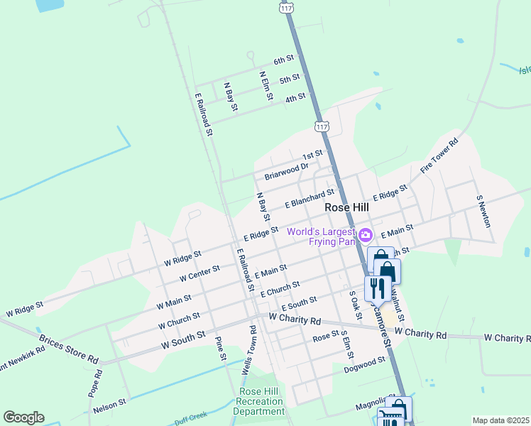 map of restaurants, bars, coffee shops, grocery stores, and more near 314 N Bay St in Rose Hill