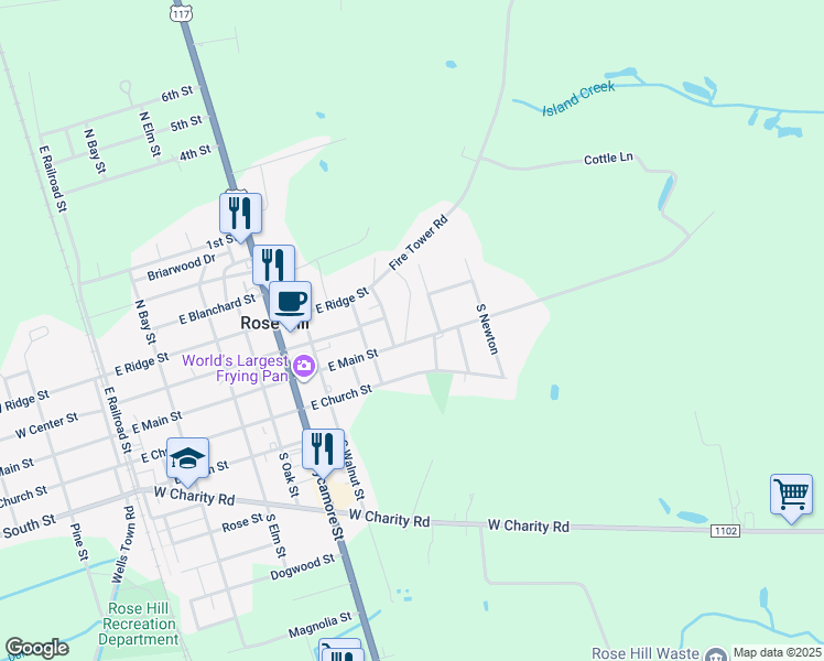 map of restaurants, bars, coffee shops, grocery stores, and more near 917 East Main Street in Rose Hill