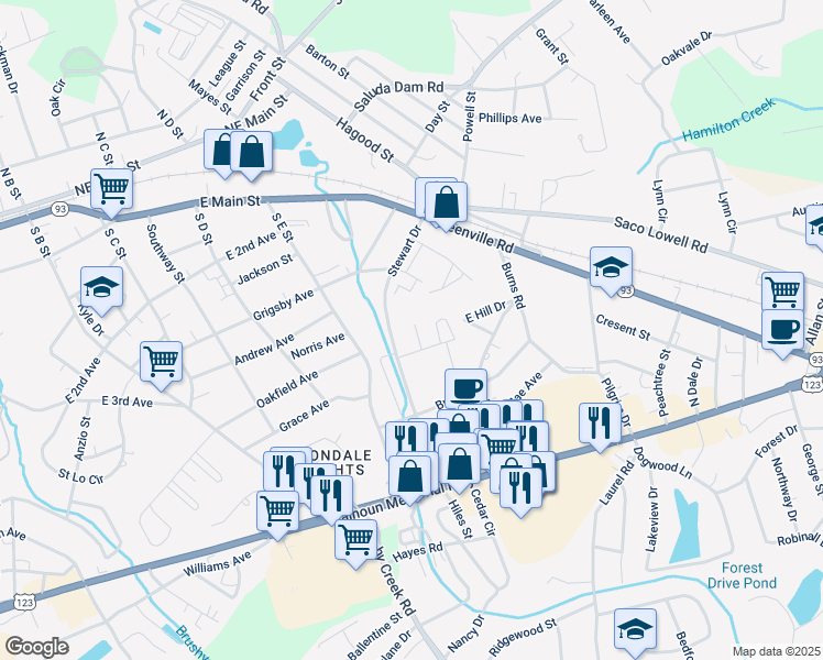 map of restaurants, bars, coffee shops, grocery stores, and more near 101 East Terrace Drive in Easley