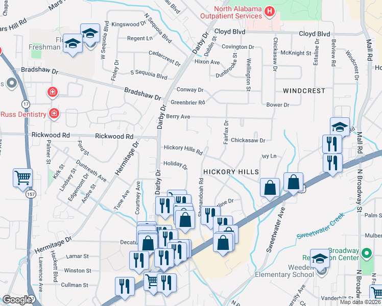 map of restaurants, bars, coffee shops, grocery stores, and more near 1938 Hickory Hills Road in Florence
