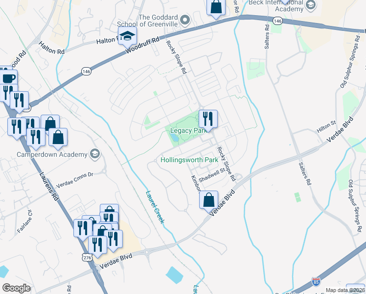 map of restaurants, bars, coffee shops, grocery stores, and more near 7 Legacy Park Road in Greenville