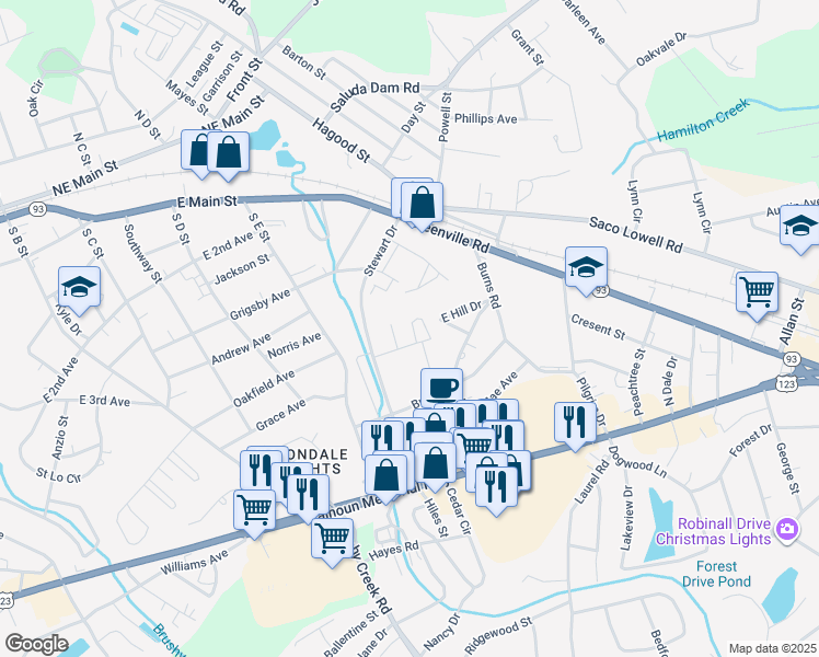 map of restaurants, bars, coffee shops, grocery stores, and more near 101 East Terrace Drive in Easley