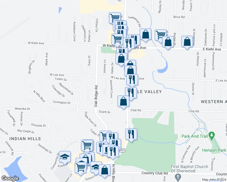 map of restaurants, bars, coffee shops, grocery stores, and more near 107 Almond Cove in Sherwood