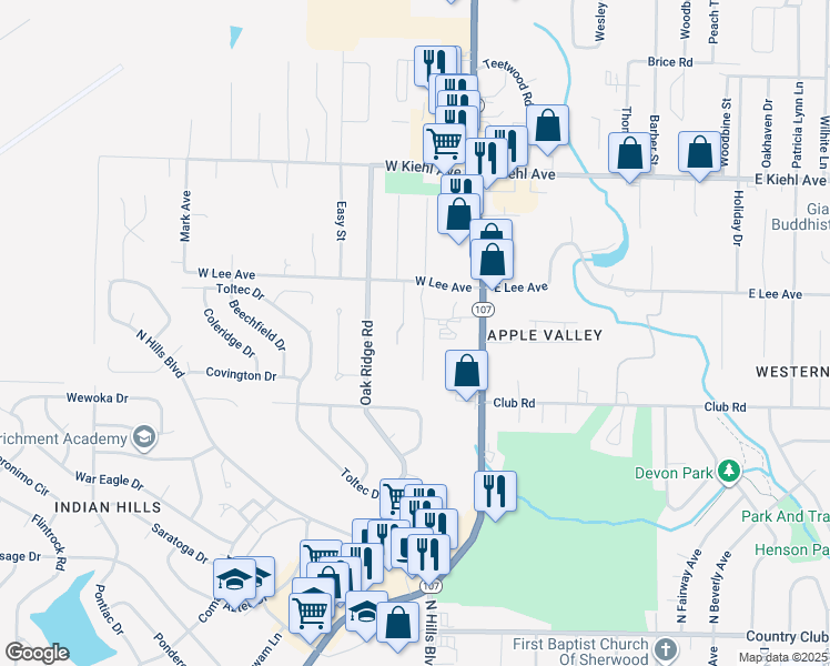 map of restaurants, bars, coffee shops, grocery stores, and more near 107 Almond Cove in Sherwood