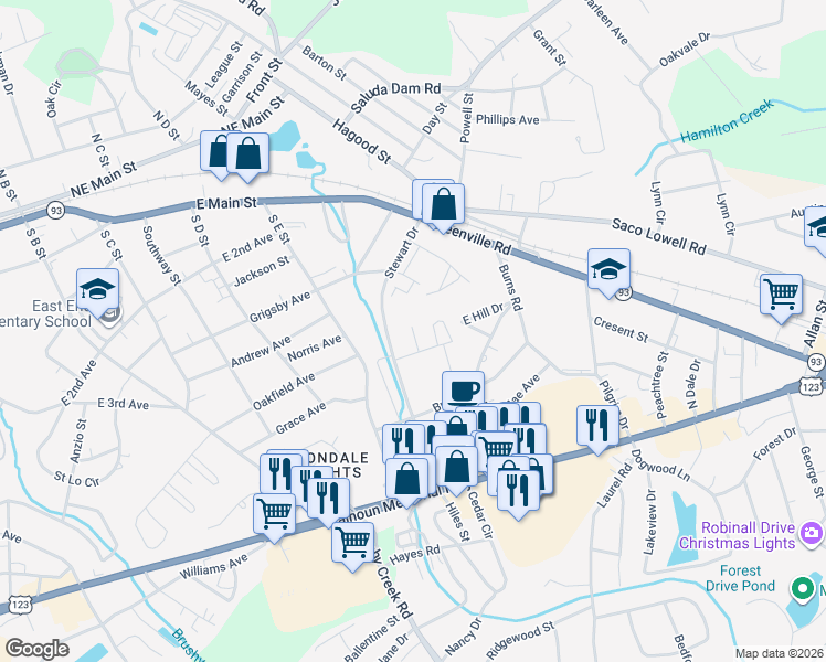 map of restaurants, bars, coffee shops, grocery stores, and more near 105 East Terrace Drive in Easley