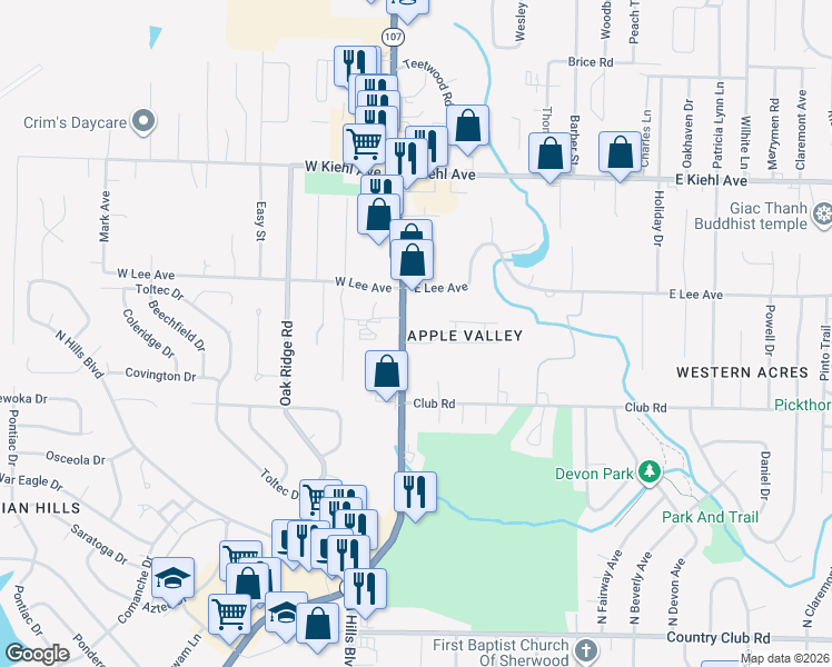 map of restaurants, bars, coffee shops, grocery stores, and more near 8000 Arkansas 107 in Sherwood