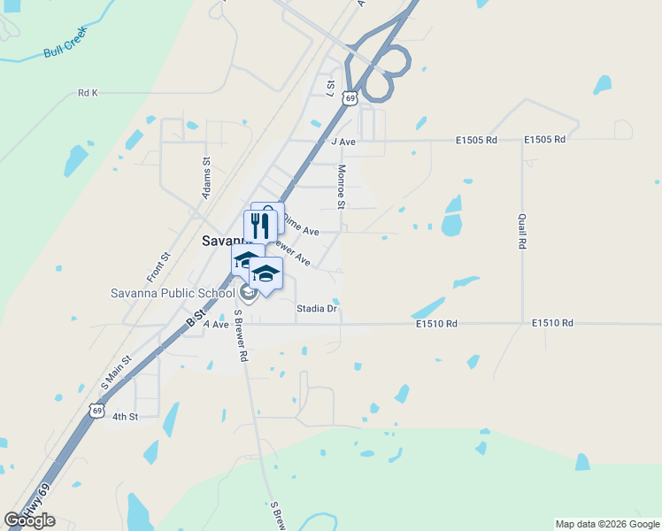 map of restaurants, bars, coffee shops, grocery stores, and more near 202 Monroe Street in Savanna