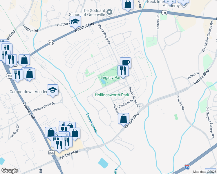 map of restaurants, bars, coffee shops, grocery stores, and more near 7 Legacy Park Road in Greenville