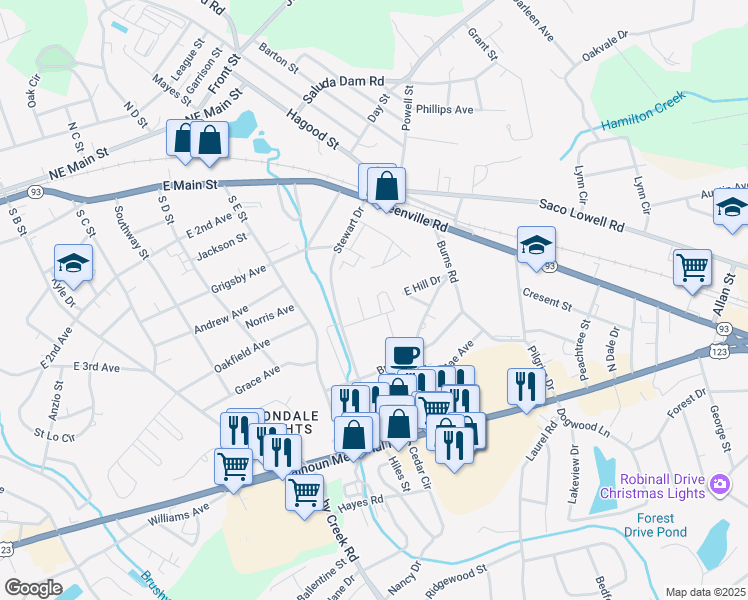 map of restaurants, bars, coffee shops, grocery stores, and more near 100 East Terrace Drive in Easley