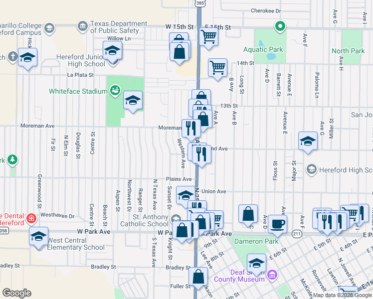 map of restaurants, bars, coffee shops, grocery stores, and more near 300-318 Western Avenue in Hereford