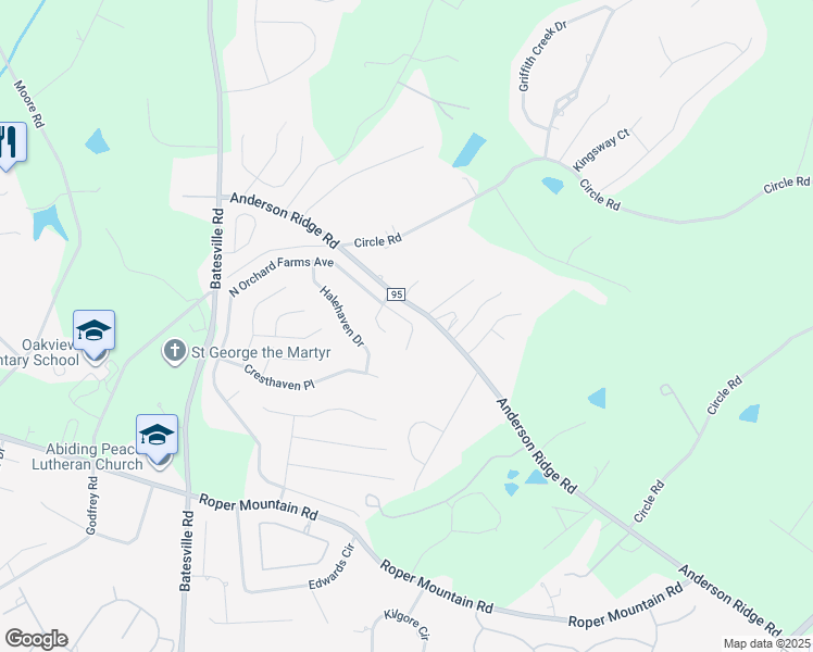 map of restaurants, bars, coffee shops, grocery stores, and more near 210 North Orchard Farms Avenue in Simpsonville